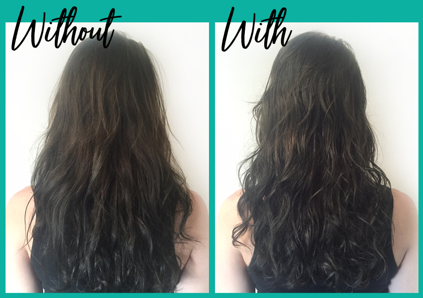Wavy hair before and after using sea salt spray.