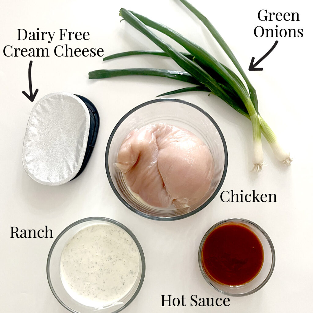 Ingredients: dairy free cream cheese, ranch, chicken, hot sauce, and green onions