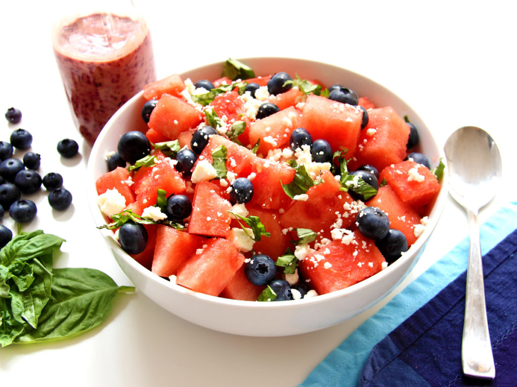 Watermelon-Feta-Basil-Salad-with-Blueberry-Balsamic-Served