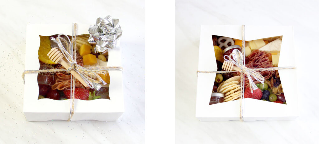 Wrapped individual charcuterie boxes as gifts.
