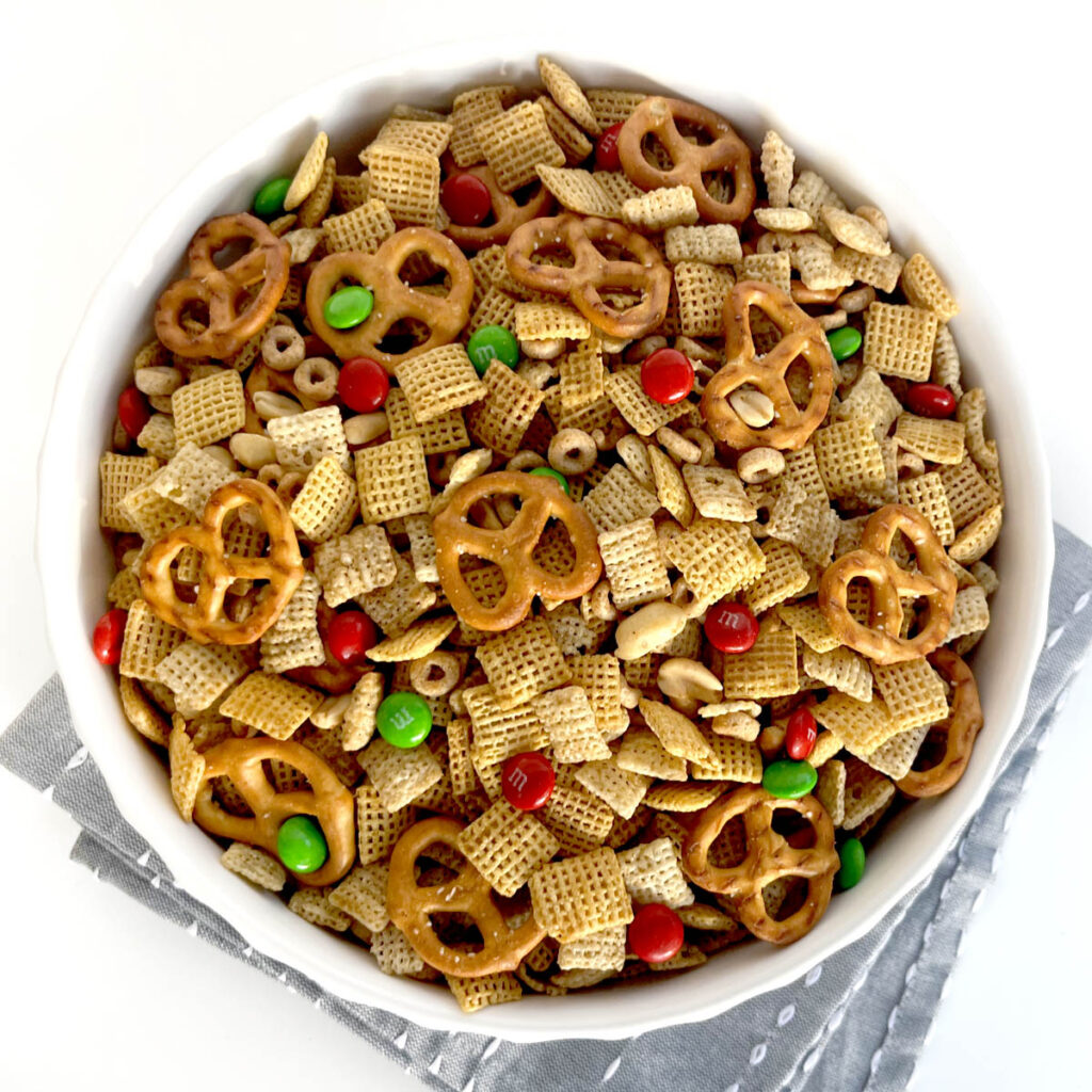 Gluten free chex mix with holiday mms.
