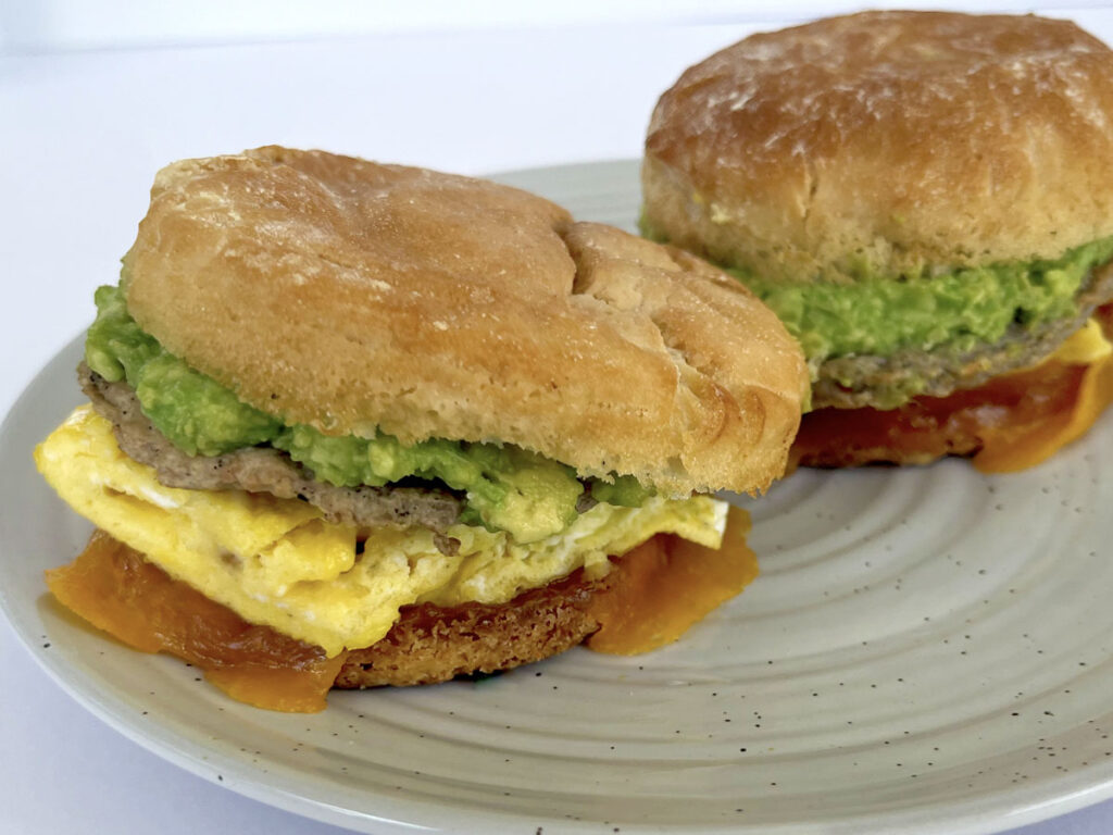 Gluten free breakfast sandwiches at an angle.