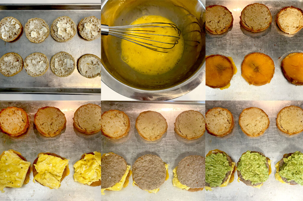 Making gluten free breakfast sandwiches.