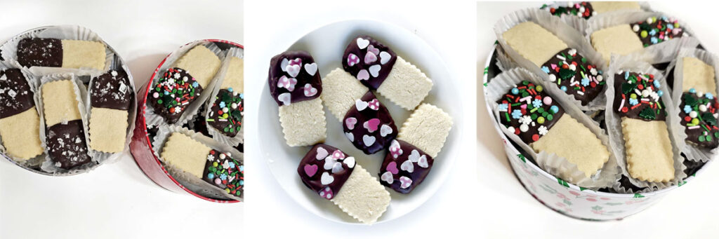 Christmas gluten free shortbread cookies covered half in chocolate and topped with sea salt, heart sprinkles, or Christmas sprinkles. In cookie sleeves and in tins.