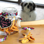 Sweet potato dog treats in a glass jar labeled Cocos treats with a dog standing behind it looking at them.