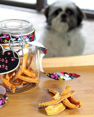 Sweet potato dog treats in a glass jar labeled Cocos treats with a dog standing behind it looking at them.