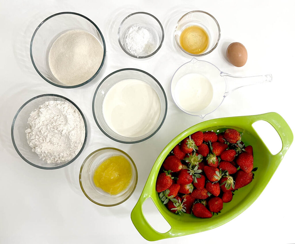 Gluten Free Strawberry Shortcake ingredients in bowls.