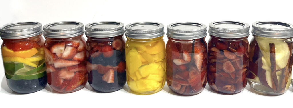 Mixed berry, cherry strawberry vanilla, rainbow fruit punch, cherry, strawberry, mango peach, and apple cinnamon vodka infusions with fruit removed