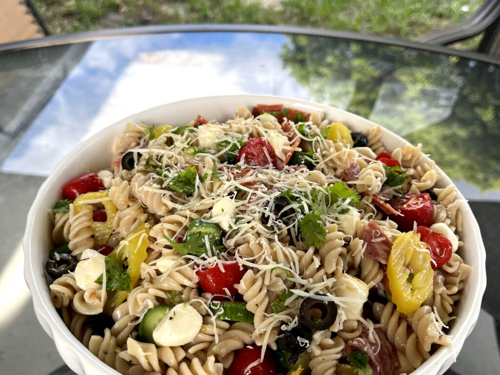 Gluten Free Pasta Salad on patio table
