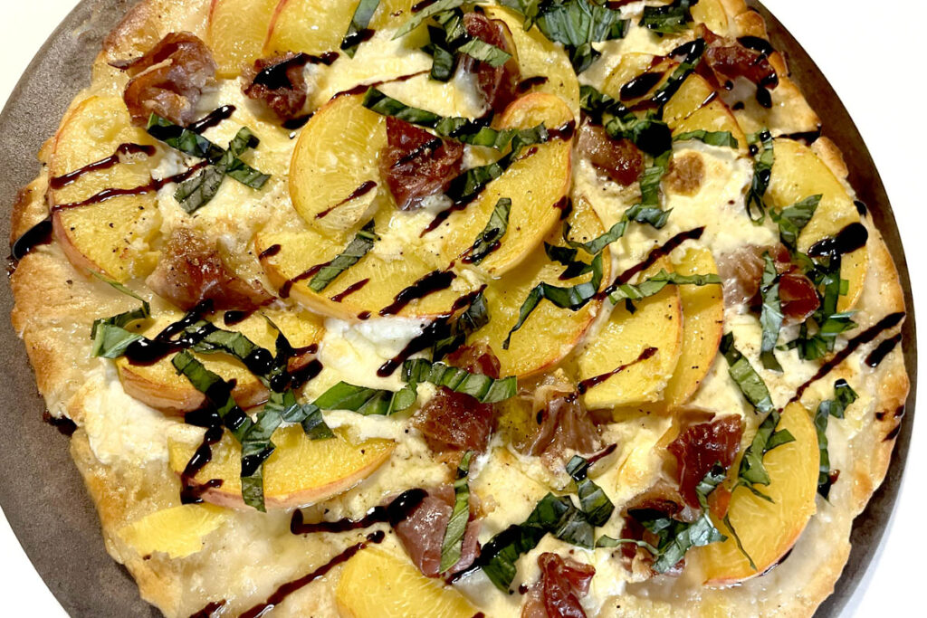 Peach and Burrata Pizza Flatbread closeup