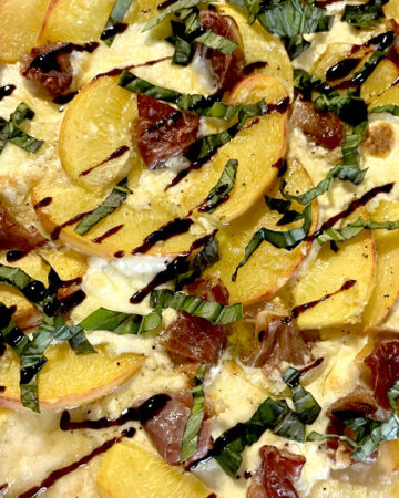 Peach and Burrata Pizza Flatbread closeup