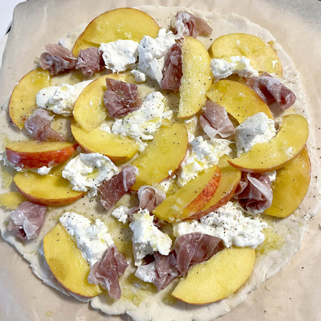 Peach and Burrata Pizza Flatbread unbaked