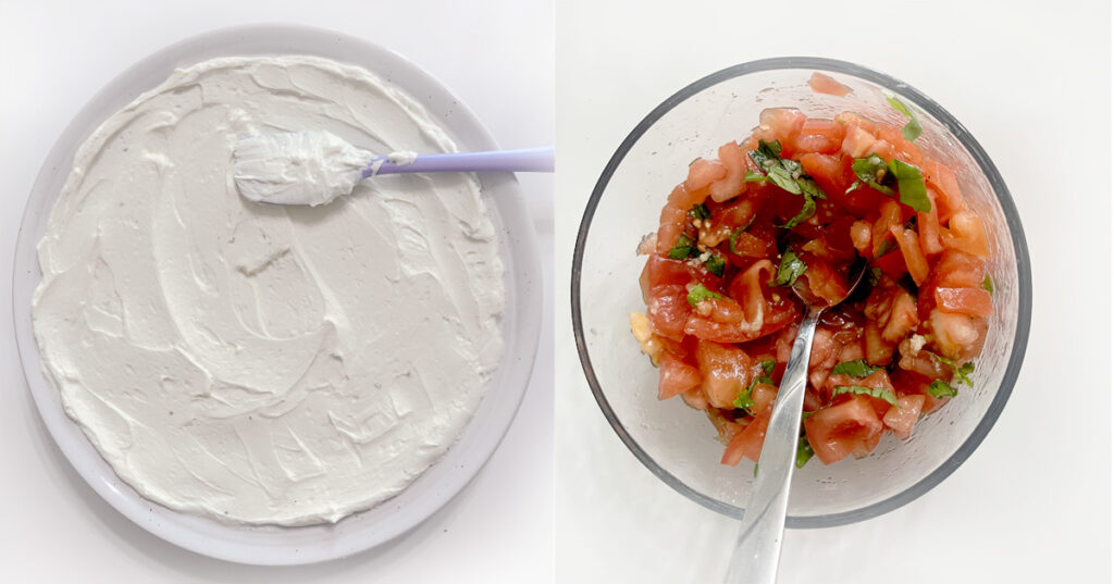 Bruschetta Dip assembly items: creamy base on plate and bruschetta topping