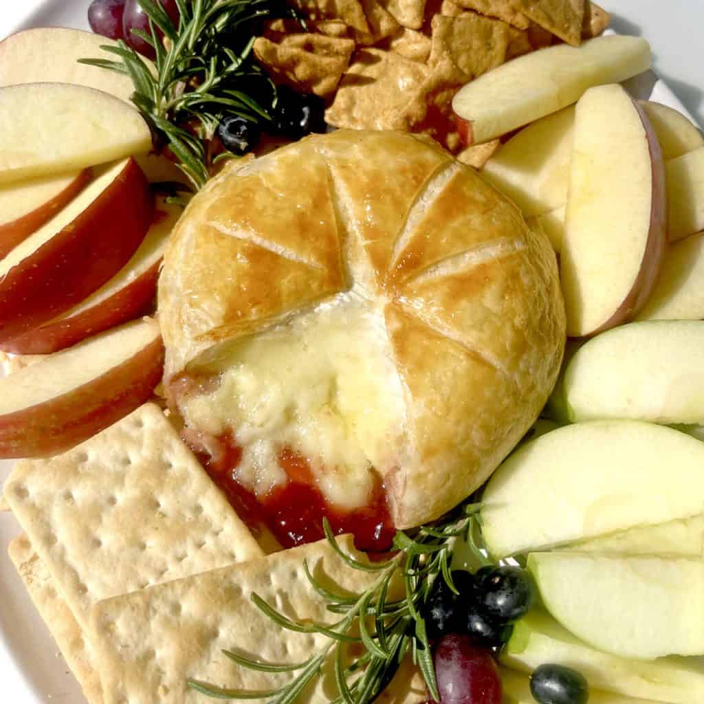 Gluten Free Baked Brie with Red and Green Apple Slices, Rosemary, Gluten Free Crackers, Blueberries, Grapes