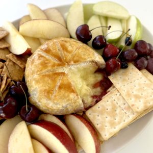 Gluten Free Baked Brie with Red and Green Apple Slices, Rosemary, Gluten Free Crackers, Blueberries, Grapes, Cherries