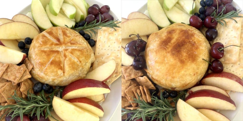 Gluten Free Baked Brie - One with a Smooth Top and one With Cuts In Top - with Red and Green Apple Slices, Rosemary, Gluten Free Crackers, Grapes