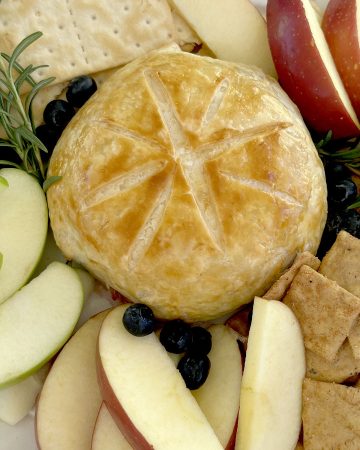 Gluten Free Baked Brie with Red and Green Apple Slices, Rosemary, Gluten Free Crackers, Blueberries, Grapes,