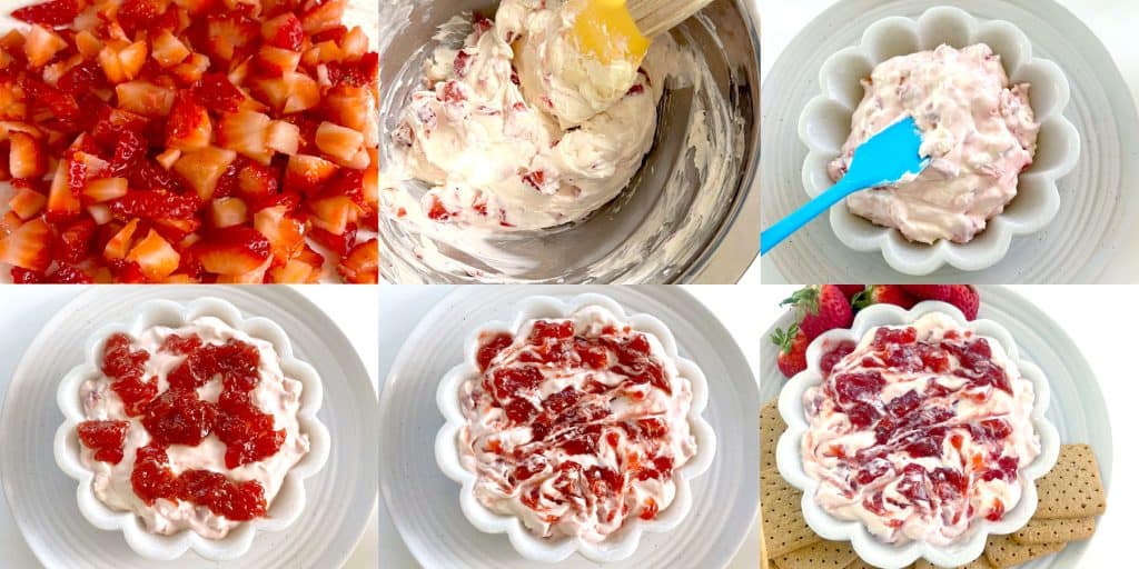 Strawberry Cheesecake Dip Process: dice berries, stir in ingredients, spread in dip bowl, add jam, swirl in jam, serve with graham crackers