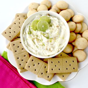 Key Lime Pie Dip Garnished with Key Limes, Cookies, Graham Crackers, and Bright Green and Pink Napkins Square