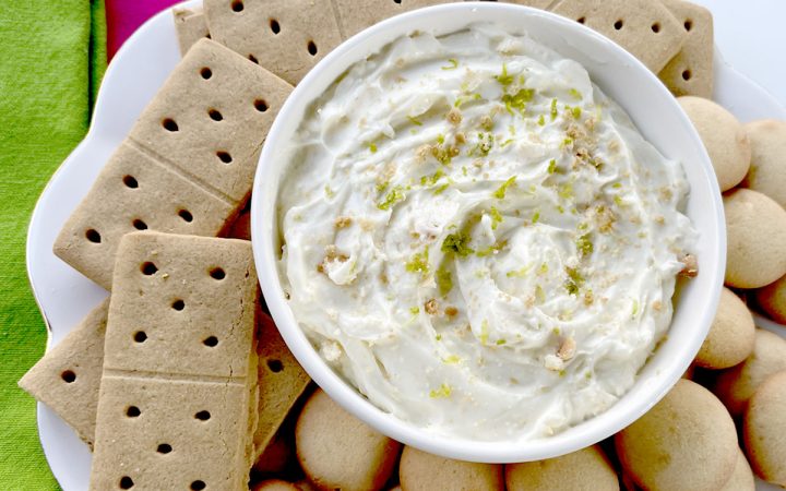 Key Lime Pie Dip Served with Cookies, Graham Crackers, and Bright Green and Pink Napkins